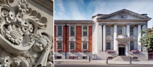 Chelsea Old Town Hall in London with close up of architectural detail