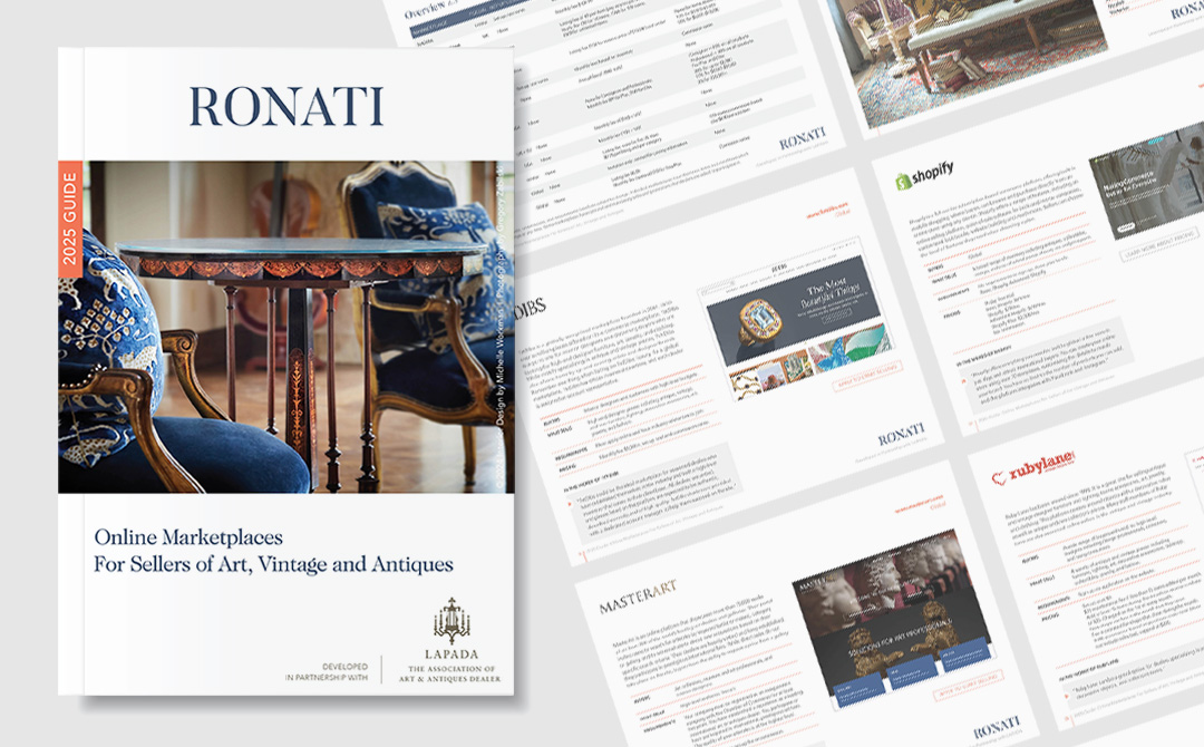 Layout showing the Ronati Marketplace Guide cover featuring an antique blue upholstered chair, alongside spread-out pages displaying marketplace listings with logos and descriptions. The cover includes LAPADA's logo and states 'Online Marketplaces For Sellers of Art, Vintage and Antiques'