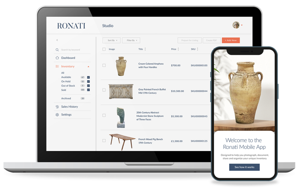 Screenshot showing Ronati Studio on both laptop and mobile interfaces. The laptop screen displays an inventory management dashboard with antique items including a cream-colored amphora, a gray French buffet, a modernist stone sculpture, and a wooden bench - each with details like price and SKU. The mobile app interface shows a welcome screen featuring an antique vase with text 'Welcome to the Ronati Mobile App' and a 'See how it works' button.