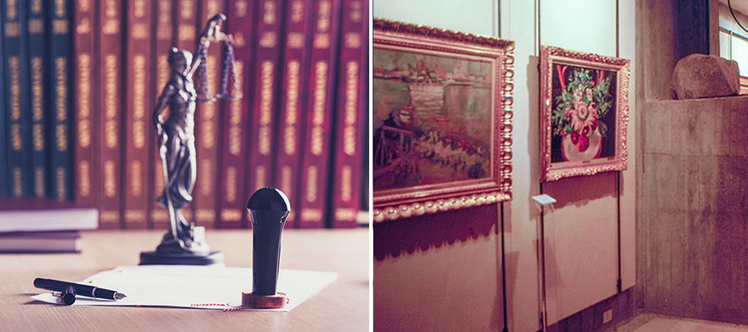 This split image illustrates two aspects relevant to art and law. On the left, a small Lady Justice statue (blindfolded figure holding scales) sits on a desk alongside a stamper or seal and a pen on papers, with law books visible in the background. This represents the legal aspects of art authentication and trade regulation. On the right, two framed paintings with ornate gold frames are displayed on a wall in what appears to be a gallery or private collection space – one appears to be a landscape and the other a floral still life. Together, the images convey the intersection of legal frameworks and art collection that relates to the topics of provenance, authentication, and art market regulation.