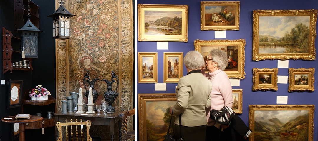 This image consists of two side-by-side photographs of interior art displays. Left image: An elegant antique room corner featuring an ornate tapestry or wallpaper with floral patterns as a backdrop. The display includes decorative elements such as dark metal lanterns hanging on the left, a small round wooden table, silver vases, and decorative obelisks arranged on a table. The setting has the atmosphere of a historic home or antique shop with rich, dark colors. Right image: A museum or gallery wall painted in deep blue with multiple gold-framed landscape paintings arranged in a salon-style hanging. Two elderly visitors with gray hair, one wearing a beige jacket and the other in a pink top, are standing close together looking at the artwork. The collection appears to feature traditional landscape paintings of countryside scenes, rivers, and mountains in various sizes of ornate gold frames with small identification labels beneath them.