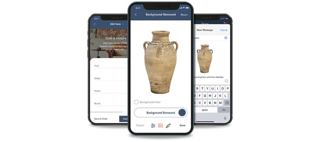 Three smartphone screens displaying Ronati Studio's mobile app features: left screen shows an item editing interface with Style & History fields, center screen displays a cream-colored amphora with background removal tool active, and right screen shows a messaging interface with the same amphora being shared. The app demonstrates how sellers can document, edit, and share inventory items from mobile devices.