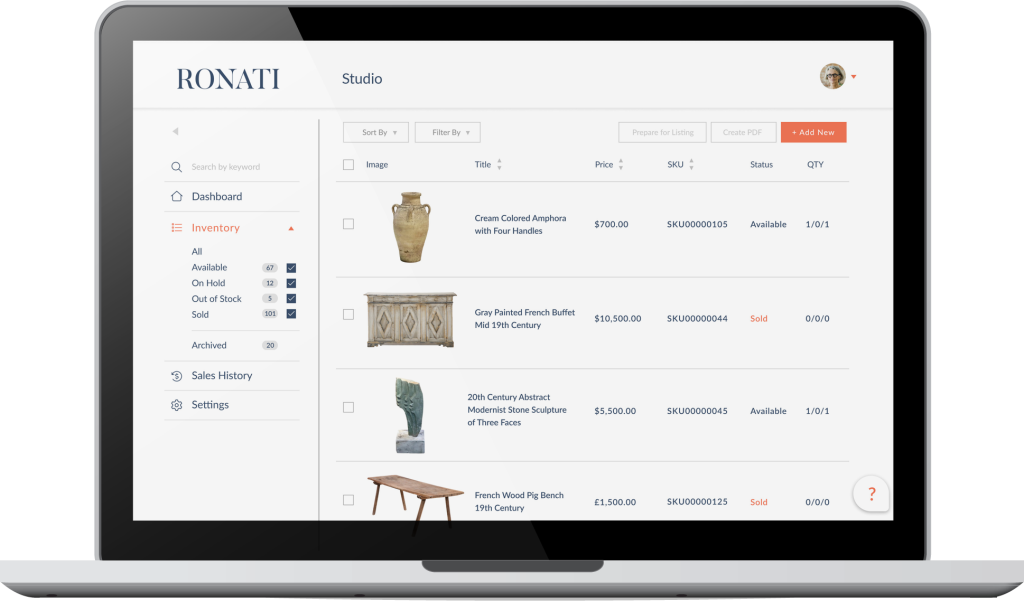 Screenshot of Ronati Studio's inventory management interface on a laptop display, showing antique items including an amphora, French buffet, modernist sculpture, and wooden bench with details such as prices, SKU numbers, and availability status. The interface features navigation menu options for Dashboard, Inventory, Sales History, and Settings.