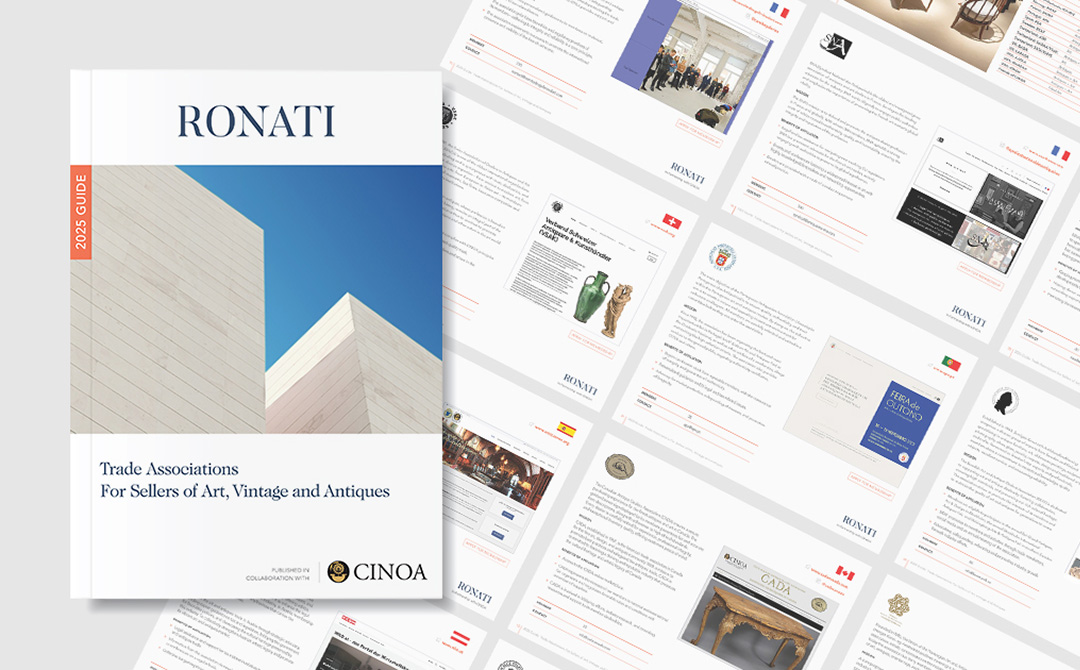 Ronati's Trade Associations Guide for Art, Vintage and Antique Dealers - comprehensive resource created in partnership with CINOA showing multiple pages of association listings and industry information