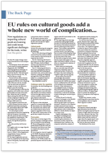 Back page of Antiques Trade Gazette showing the article 'EU rules on cultural goods add a whole new world of complication...' by Ivan Macquisten, discussing new EU import licensing regulations for cultural goods