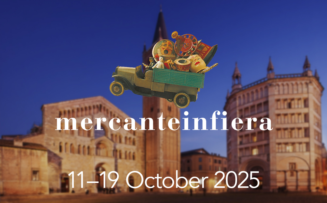 Promotional artwork for Mercanteinfiera Parma, showing the fair’s logo, whimsical antique objects in a vintage truck, and the event dates October 11–19, 2025, set against the historic Piazza Duomo.