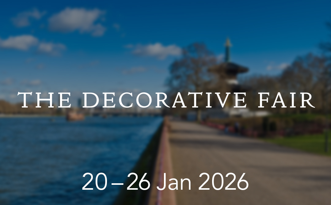 Winter view of Battersea Park along the Thames with “The Decorative Fair” text overlay and dates January 20–26, 2026.