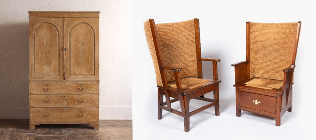 Antique wooden wardrobe shown next to a pair of early 20th-century wooden armchairs with woven seats, representing functional furniture forms found at The Decorative Fair.
