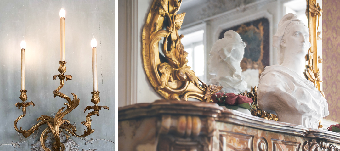 Elegant dining room with antique furniture, gilt-framed artwork, and sculptural details, showing how heritage pieces support sustainable design by preserving craftsmanship and reducing waste.