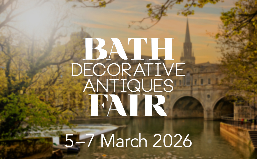 Bath Decorative Antiques Fair 2026 graphic over a view of Pulteney Bridge and the River Avon at sunset in Bath, England.