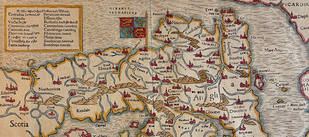 Close-up of an antique hand-colored map of England and Scotland, showcasing detailed cartography exhibited at Bath Decorative Antiques Fair.
