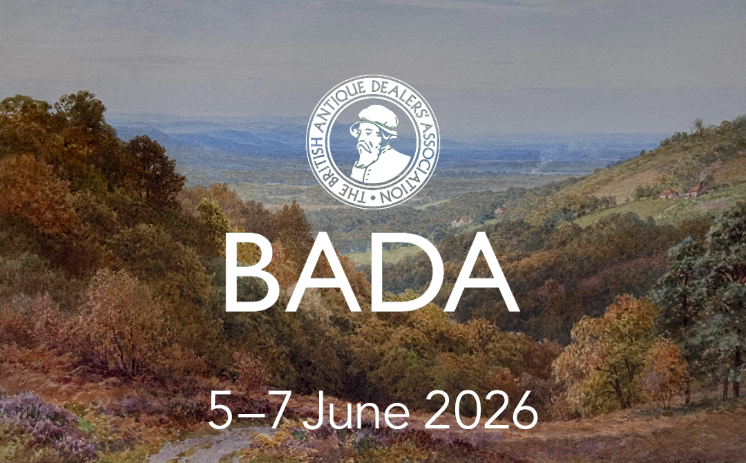 Promotional banner for the BADA Art & Antiques Fair Rutland 2026 featuring a pastoral landscape painting and the British Antique Dealers’ Association logo