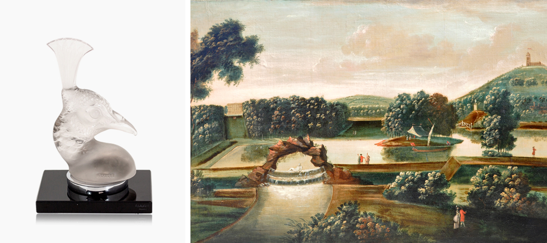Lalique glass bird sculpture displayed beside an 18th-century European landscape painting with formal gardens and classical architecture.