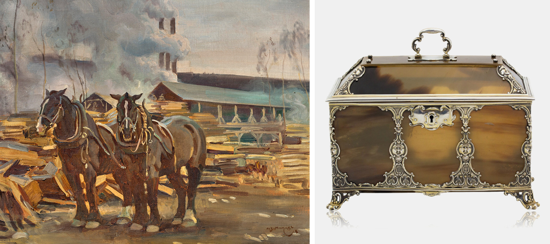 Industrial-era painting of draft horses working in a lumber yard paired with an ornate antique silver-mounted tea caddy with tortoiseshell panels.