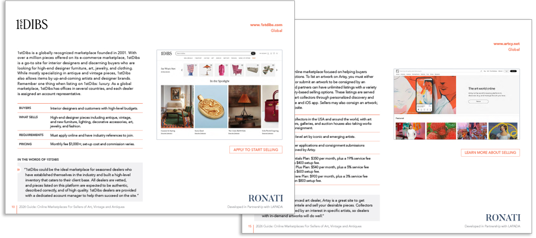 Pages from the Ronati marketplace guide highlighting online platforms such as 1stDibs and Artsy, used by dealers to present and sell antiques and art.