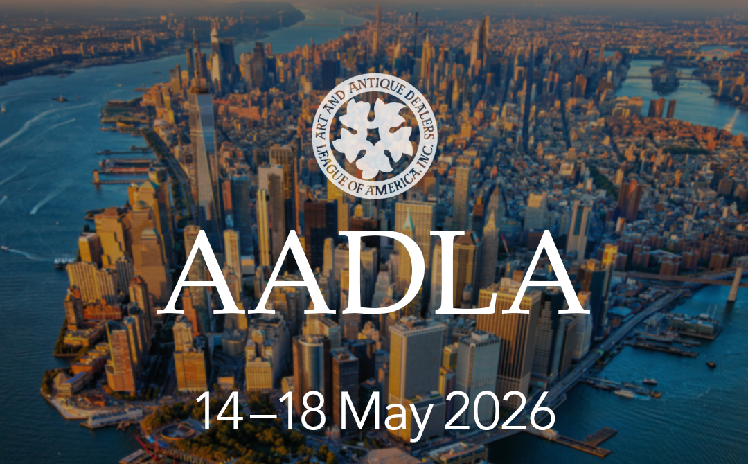 Aerial view of Manhattan with AADLA branding promoting the Art and Antique Dealers League of America Centennial Exhibition in New York City, May 14–18, 2026.