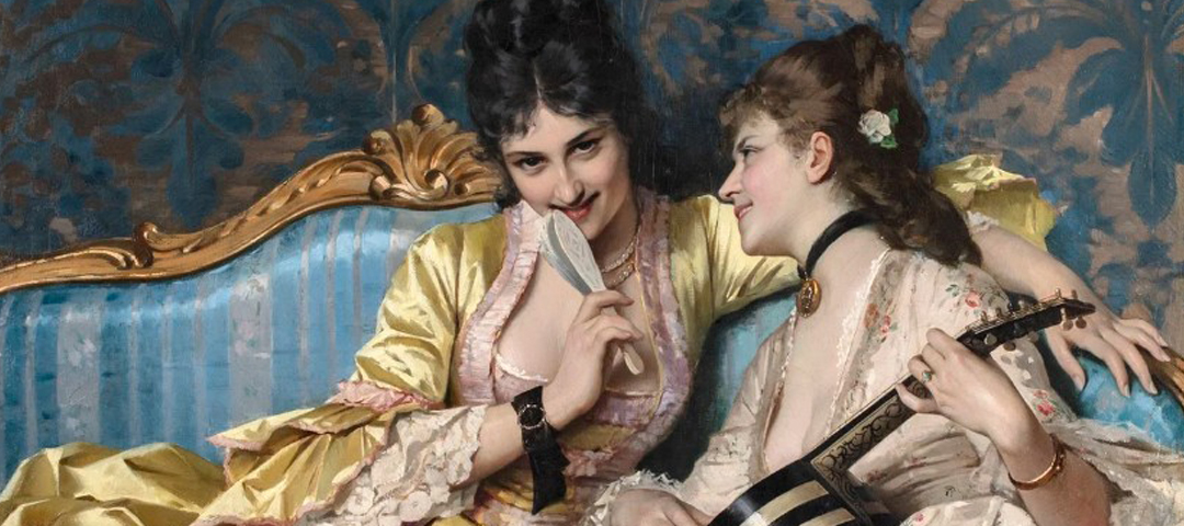 19th-century painting depicting two elegantly dressed women seated together in conversation, featured as part of the AADLA Centennial Exhibition.