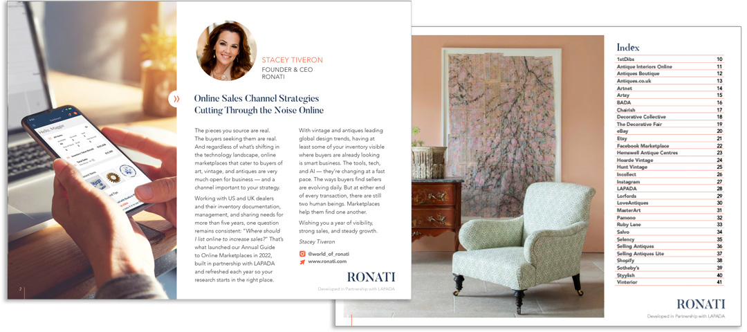 Spread from the Ronati Guide to Online Marketplaces for Sellers of Art, Vintage, and Antiques, showing inventory on a mobile device alongside an index of platforms for selling antiques and vintage items.