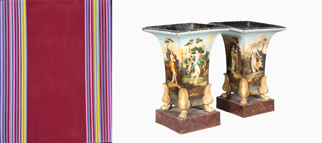 Contemporary abstract artwork displayed alongside a pair of Charles X painted tole vases representing the breadth of disciplines featured in the AADLA Centennial Exhibition.