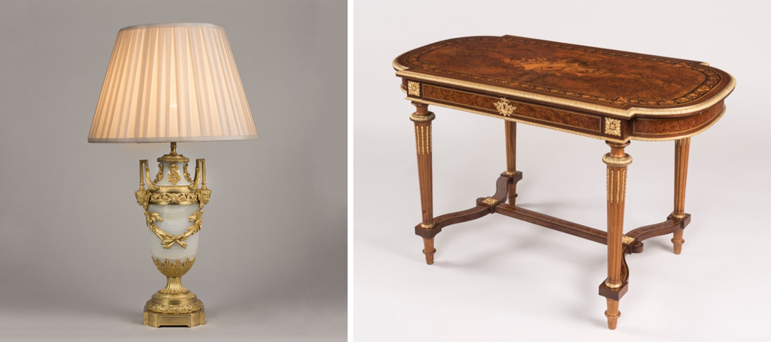 Neoclassical gilt and marble lamp paired with an inlaid antique center table — emphasizing the craftsmanship, individuality, and visible artistry that continue to distinguish antiques within modern interiors.