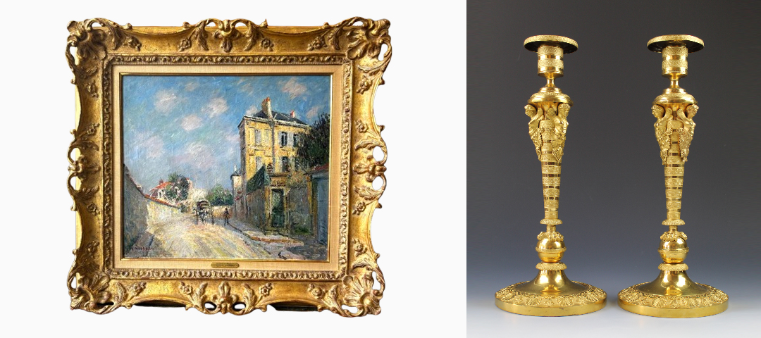 Framed Impressionist painting and pair of ornate gilt candlesticks exhibited as part of the AADLA Centennial Exhibition in New York City.