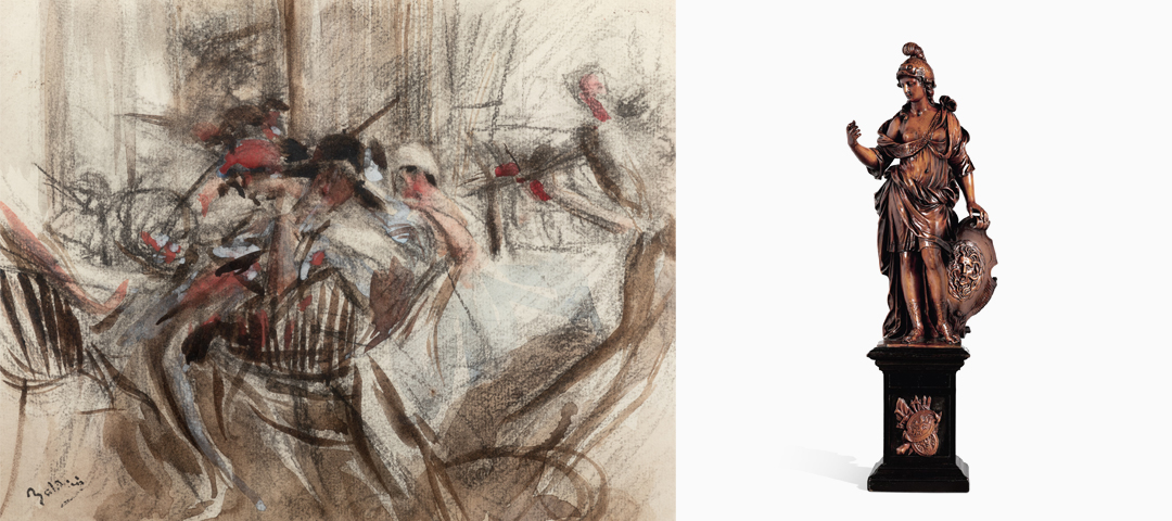 Expressive figurative drawing paired with a classical bronze sculpture featured in the AADLA Centennial Exhibition celebrating 100 years of connoisseurship and collecting.