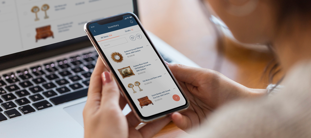 Dealer using the Ronati Studio mobile app to manage unique inventory, document antiques, and streamline listings across sales channels.