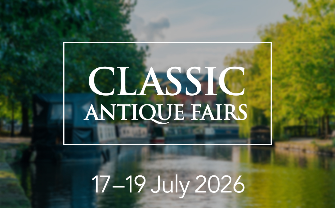 Classic Antique Fairs Altrincham event graphic with dates July 17–19, 2026, set against a canal and narrowboats.