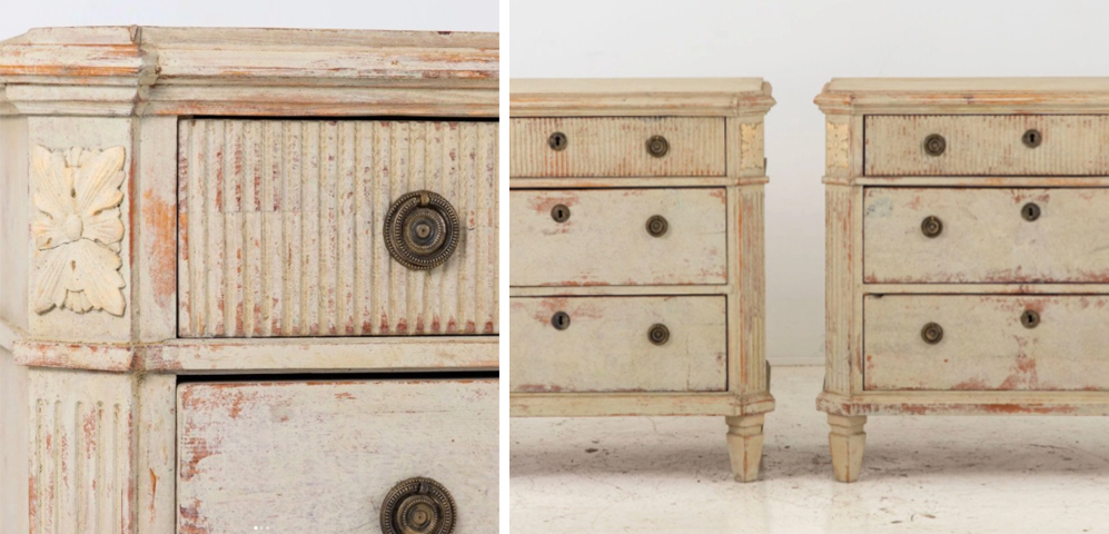 Detail of a weathered Gustavian-style chest of drawers with distressed painted finish and brass hardware