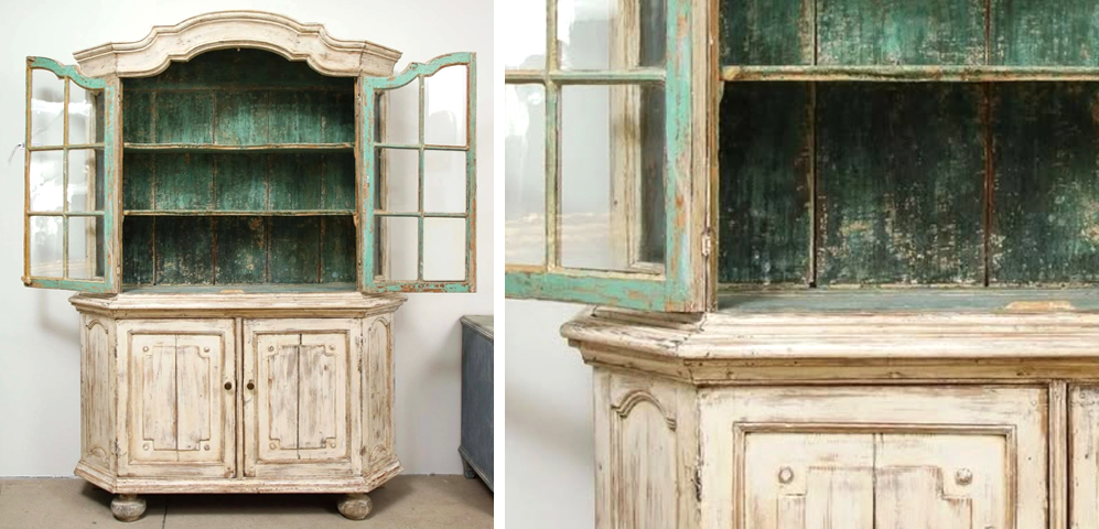 Antique painted display cabinet with glass doors and a weathered teal interior, shown whole and in detail.