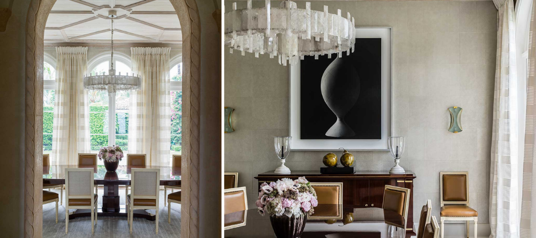 Two views of a David Kleinberg dining room where cream Louis XVI–style chairs on straight fluted legs sit beneath a rock crystal chandelier and a contemporary black-and-white photograph.