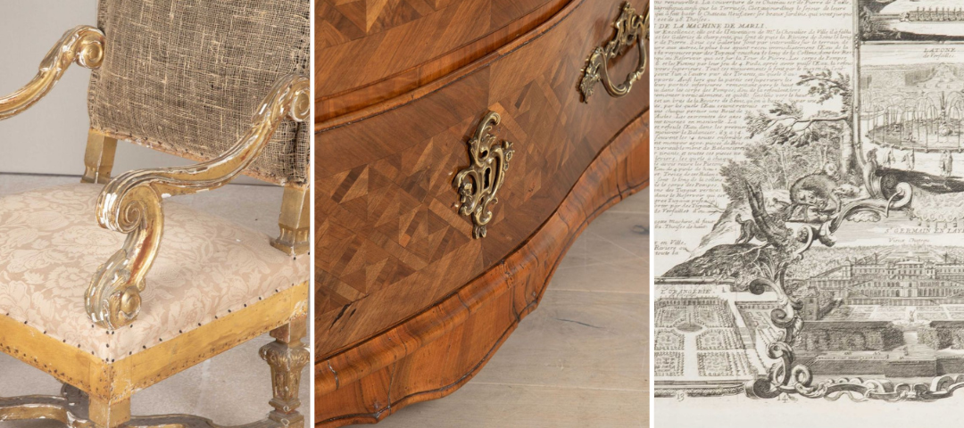 Three details of French period furniture: a carved giltwood chair arm, a bombé commode in figured marquetry with rococo gilt bronze mounts, and an engraved view of French royal gardens.