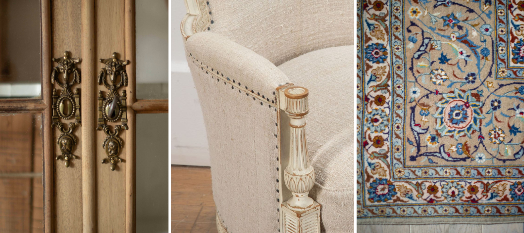 Three details: gilt bronze mounts on a glazed cabinet door, the fluted tapering leg of a painted Louis XVI bergère, and the woven border of a hand-knotted carpet.
