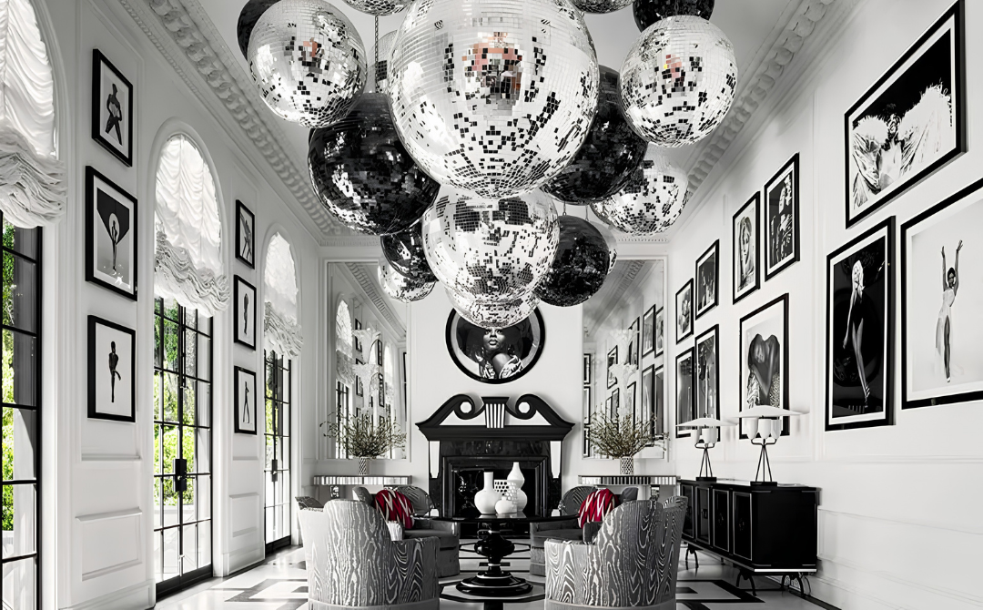 Black-and-white gallery hallway created by Martyn Lawrence Bullard with arched windows, a sculptural black fireplace, patterned swirl armchairs, and a cluster of disco-ball pendant lights overhead, blending Art Deco structure with Hollywood Regency glamour.
