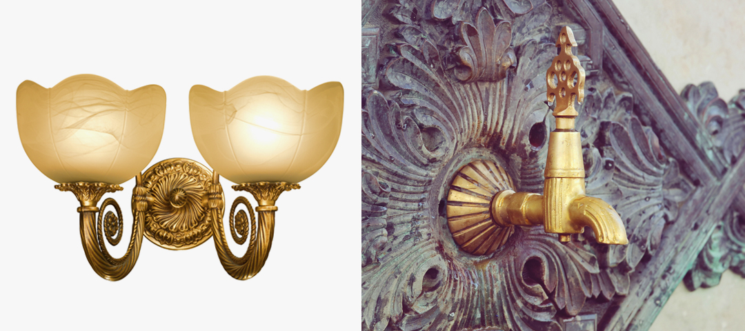 Split image of an antique brass double wall sconce with alabaster glass shades and an ornate brass spigot set into a carved bronze panel.