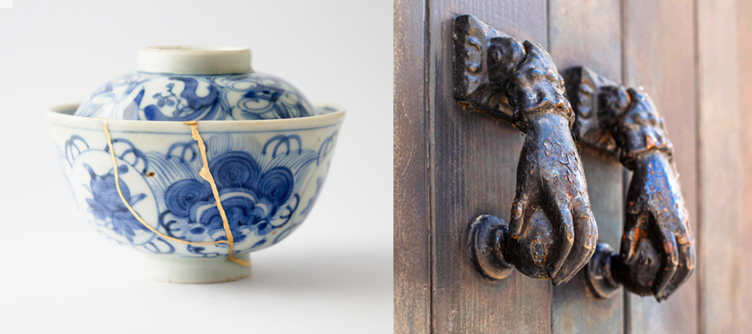 Split image of a blue and white porcelain bowl restored with gold kintsugi repair and a pair of antique bronze hand-shaped door knockers.