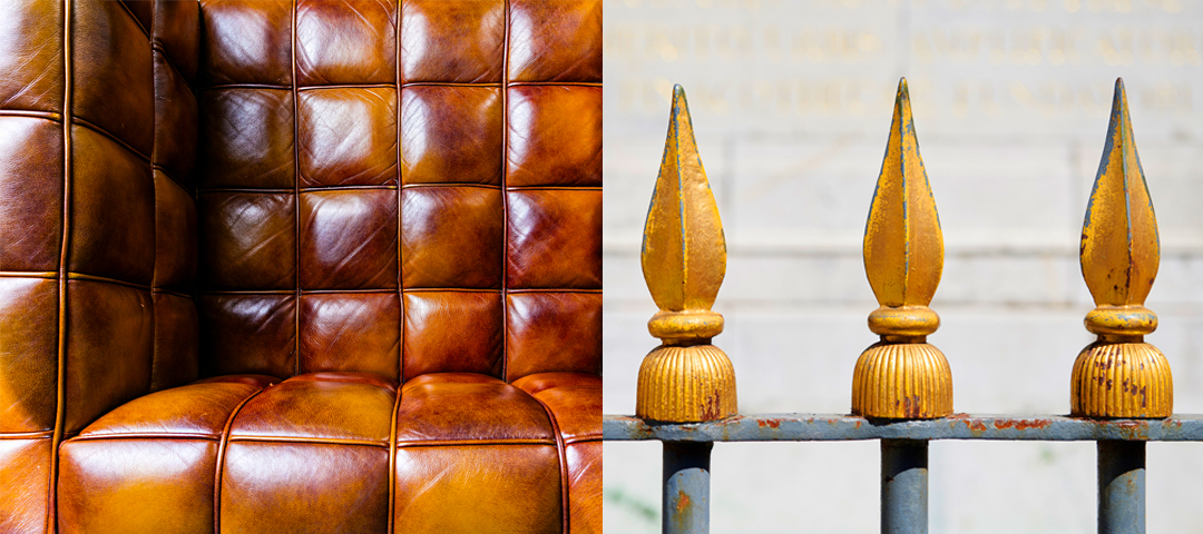 Split image of tufted brown leather upholstery and antique wrought iron fence posts with gilded finials.