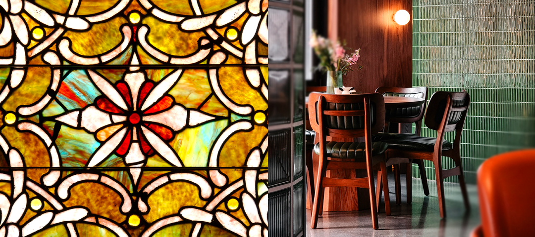 Split image of a vintage stained glass panel with a floral pattern and a dining room furnished with vintage wood chairs and a green tiled accent wall.
