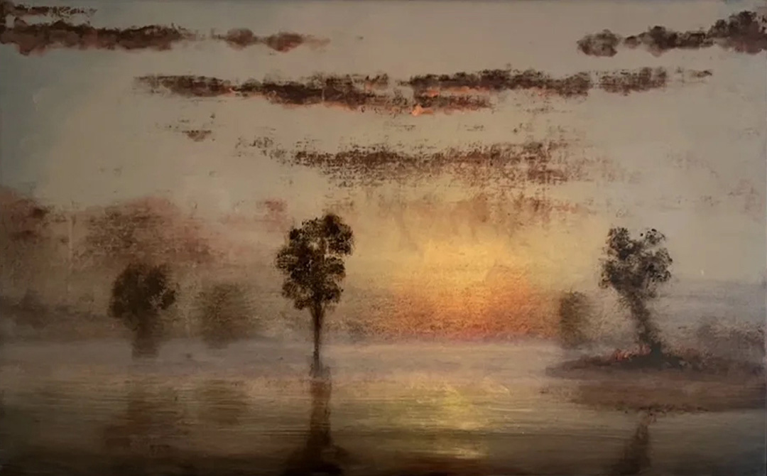Stephen Hannock's Flooded River with Tilted Tree, a misty oil landscape of trees reflected in floodwater under a glowing sun, from Berggruen Gallery