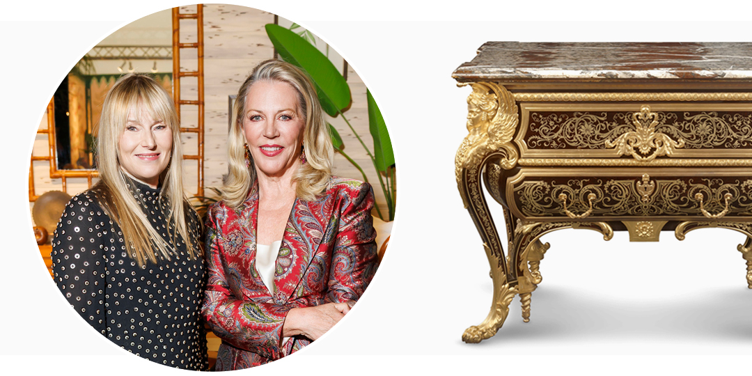 Amy Astley with Show Chair Suzanne Tucker at the San Francisco Fall Show, with the circa-1850 Royal Boulle Marquetry Commode by Robert Blake, with gilt-bronze mounts, from M.S. Rau
