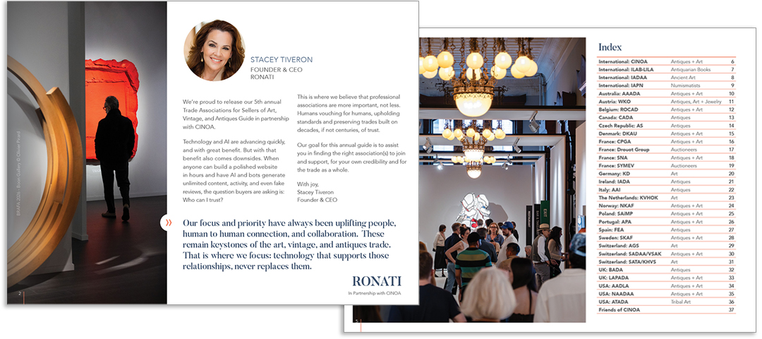 Ronati Trade Associations Guide spread featuring a letter from Founder & CEO Stacey Tiveron and an index of international art and antiques associations