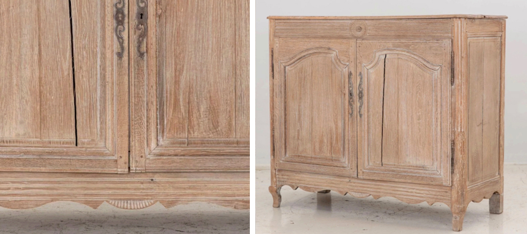 Detail and full view of a bleached oak cabinet with paneled doors and carved apron, showing natural wood grain and visible joinery.