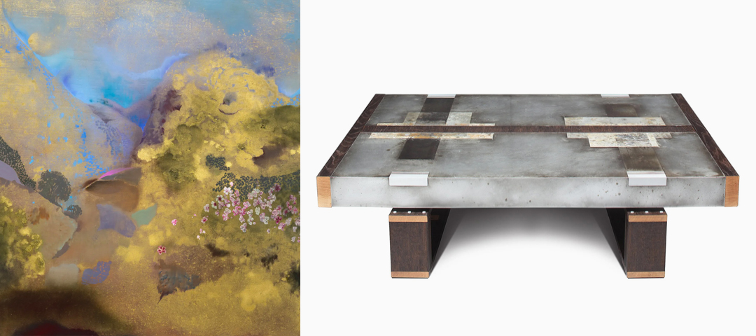 Darren Waterston's After Joy, a luminous gold and blue oil painting from Berggruen Gallery, beside Florian Roeper's zinc acid-etched Divided Lands coffee table from Studio Roeper