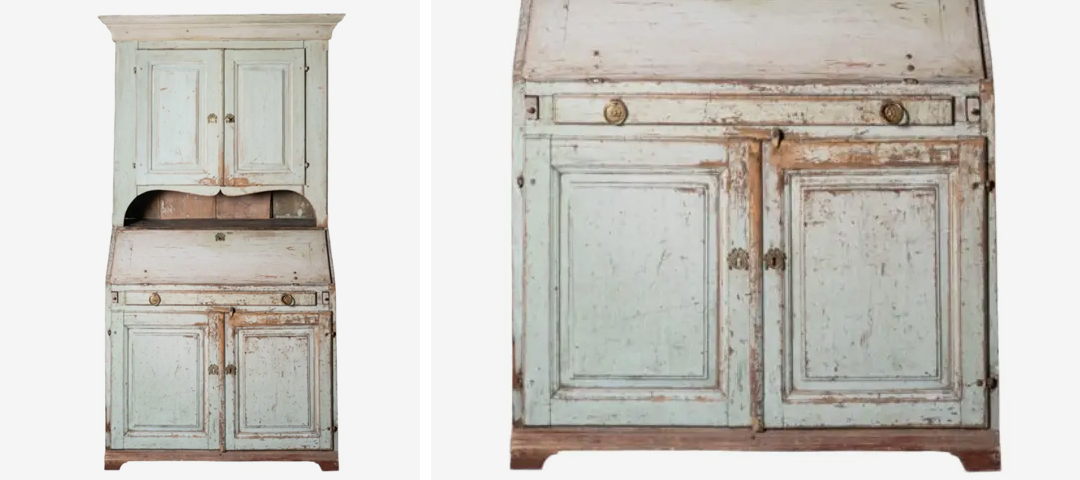 Swedish secretary cabinet in pale blue-green paint with a fall-front writing surface and paneled lower doors, shown closed and open.