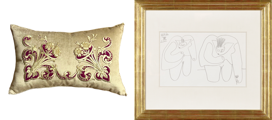 Pillow of antique Ottoman gold metallic embroidery on brass velvet from B. Viz Design, beside a framed 1961 Pablo Picasso pencil drawing after Manet from Christopher-Clark Fine Art