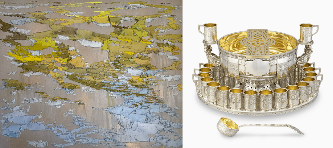 Brendan Stuart Burns's Take Me Back, a heavily textured oil in yellow, silver, and blue from Caldwell Snyder, with a Russian Imperial silver punch set with gilt cups from M.S. Rau