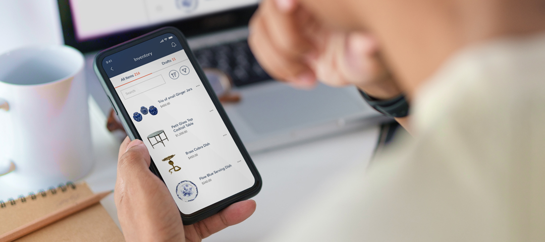 The Ronati Mobile App showing an inventory list of ginger jars, a glass top cocktail table, a brass cobra dish, and a Flow Blue serving dish