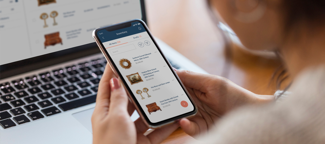 Antiques inventory management with Ronati Studio: the Ronati Mobile App lists a giltwood sunburst mirror and Dutch bombe chest, with Ronati Studio on a laptop