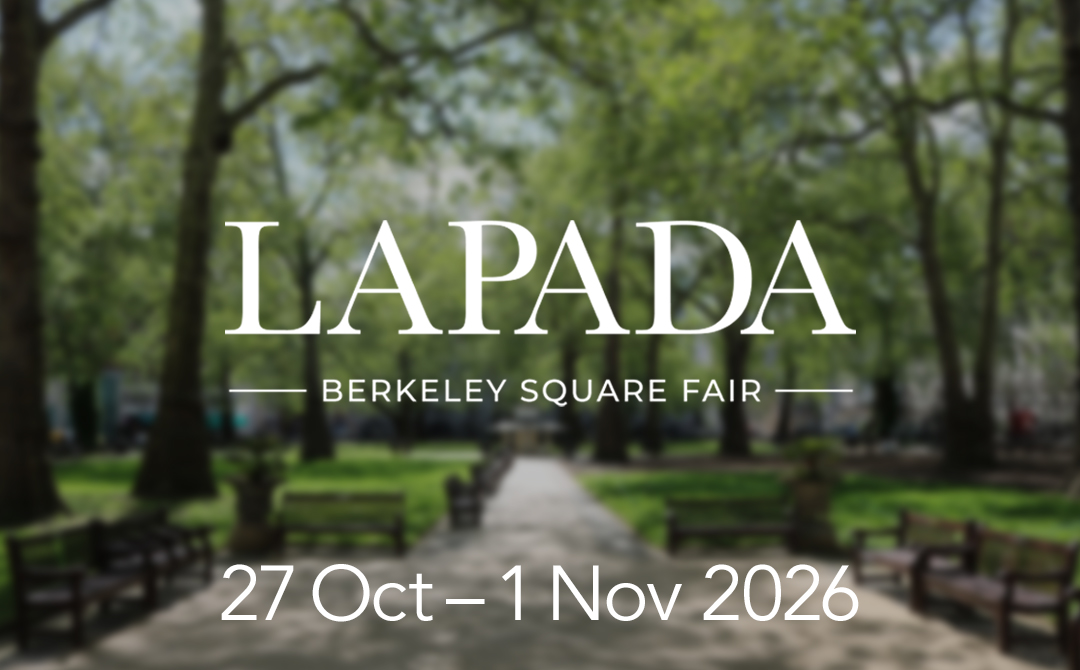 LAPADA Berkeley Square Fair 2026 title over a tree-lined path and benches in Berkeley Square, with dates October 27 to November 1, 2026