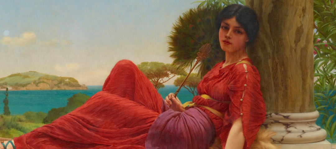 Classical-style oil painting of a woman in a red draped gown reclining against a marble column, holding a peacock feather fan above the sea